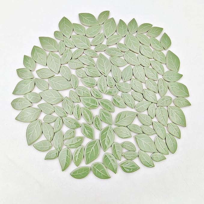500g/1.1lb Leaf-Shaped Ceramic Mosaic Tiles,Ceramic Mosaic Pieces for Crafts,Mosaic Tiles for Home Decoration or DIY Crafts,Mosaic Making Supplies. (Light Green)