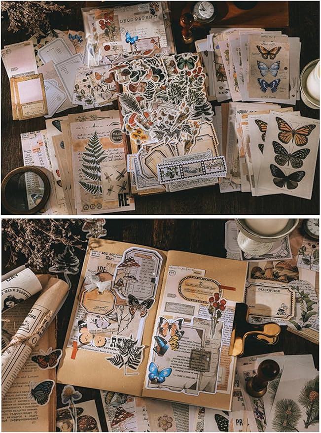 Esweny 200PCS Vintage Scrapbooking Supplies Kit for Journaling, Scrapbook Sticker Paper Pack for Junk Journal Planners Aesthetic Cottagecore Room Decor Wall Art Collage Album (Nature)