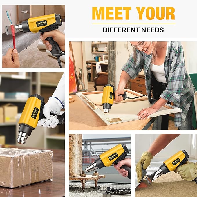 SEEKONE 1800W Heat Gun Compact Design Heavy Duty Hot Air Gun 122℉-1202℉(50℃- 650℃)Variable Temperature Control for 2 Speed Settings with 4 Nozzels for Crafts, Vinyl Wrap, Shrink Tubing