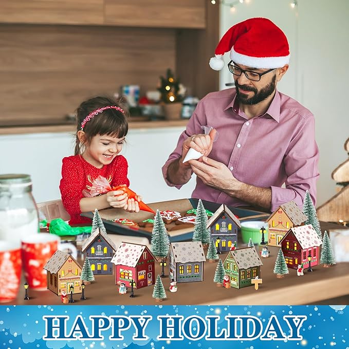 29 Pcs DIY Christmas Village Sets 12 Pcs Wood Village Houses Xmas Scene Figurines Decoration Mini Tree Desktop Ornament for Indoor Room Landscape Xmas Holiday Party Decor (Winter Style)