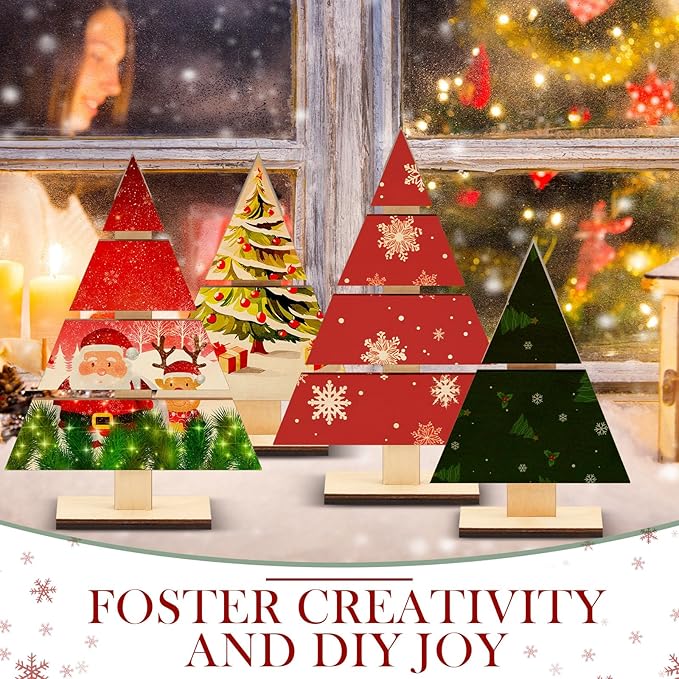 Soaoo 8 Pcs Christmas Standing Wood Pallet 8.66" x 6", 6" x 4" Christmas Tree Unfinished DIY Wooden Ornaments Kit Rustic Wooden Crafts 12 Colors Pigment Palettes and Paint Brushes