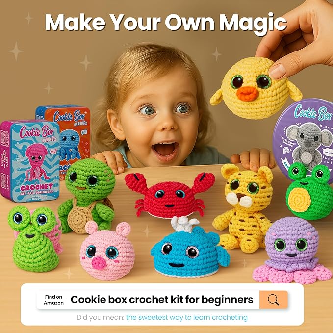 Cookie Box Crochet Kit for Beginners β Gift Set to Make Jellyfish Oxy Amigurumi Plushie β Easy DIY Crochet & Knitting Starter Kit with Printed Instructions & Step-by-Step Video Tutorial