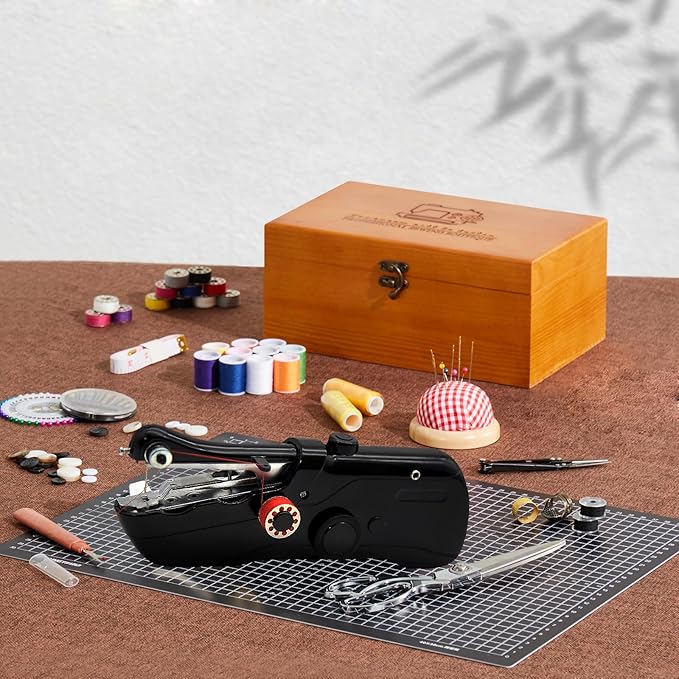 Handheld Sewing Machine with Exquisite Wooden Storage Box & 142-Piece Sewing Kit - Electric Switch, Dual Power Supply, Assorted Needles, Threads, Heavy Duty Scissors - Meets All Household Sewing Needs
