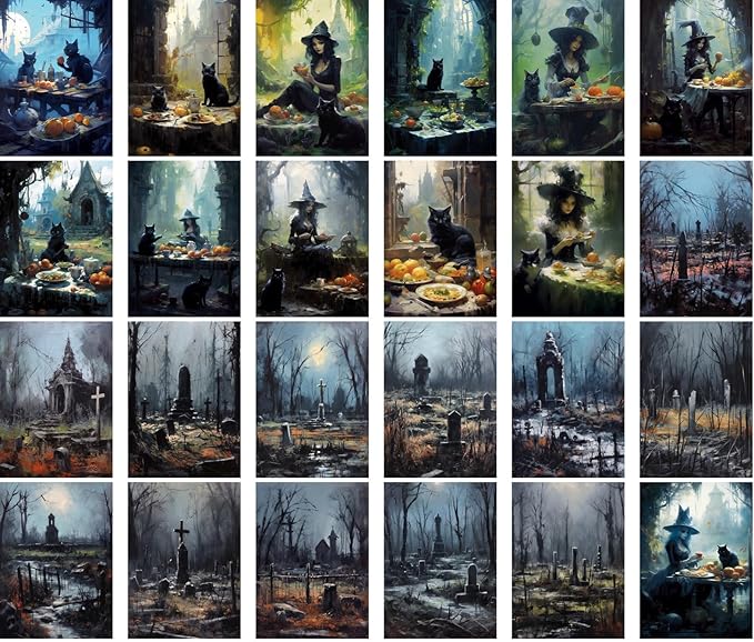 Large Stickers 24 pcs (2.5"x3.5" Each) Spooky Illustrations of Scary Witches in Graveyards Vintage Halloween Postcards Retro Greeting Card Book Illustration Reprint