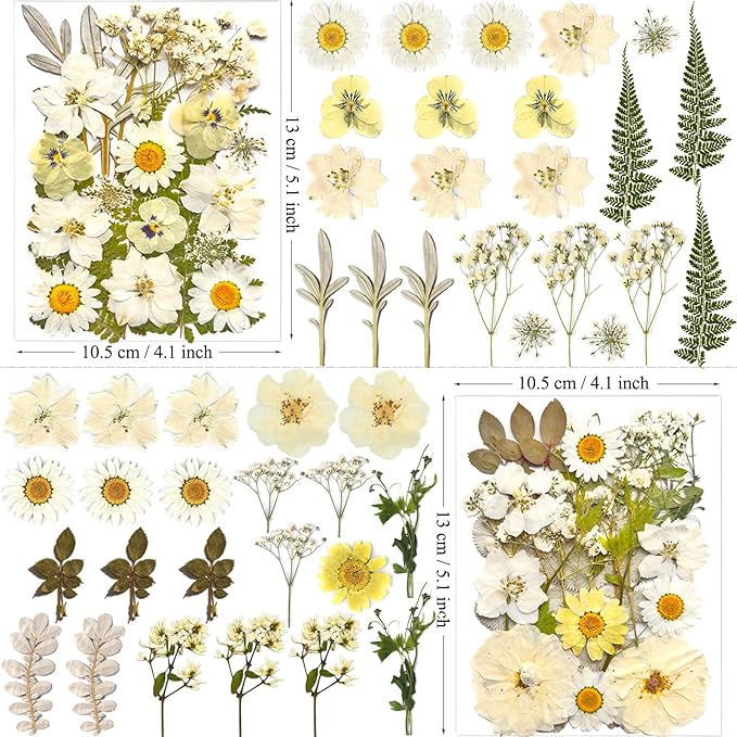 90Pcs White Dried Pressed Flowers for Resin Molds, Real Natural Bulk Dry Floral Leaves for DIY Art Crafts, Epoxy Jewelry, Candle, Soap Making, Nails Decors Gifts