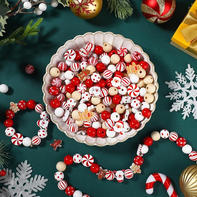 Waydress 200 Pcs Christmas Beads for Crafts Christmas Wooden Beads Bulk for Jewelry Making Red and White Beads Xmas Santa Gingerbread Candy Beads for Christmas Tree Garland DIY Holiday Hanging Decor