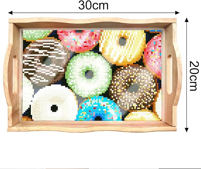 FGbaby DIY 5D Donut Diamond Painting Wood Serving Tray with Handles Diamond Art Decorative Serving Trays Wooden Tray for Breakfast in Bed, Patio, BBQ, Coffee Table, Party –Great for Lap & Couch