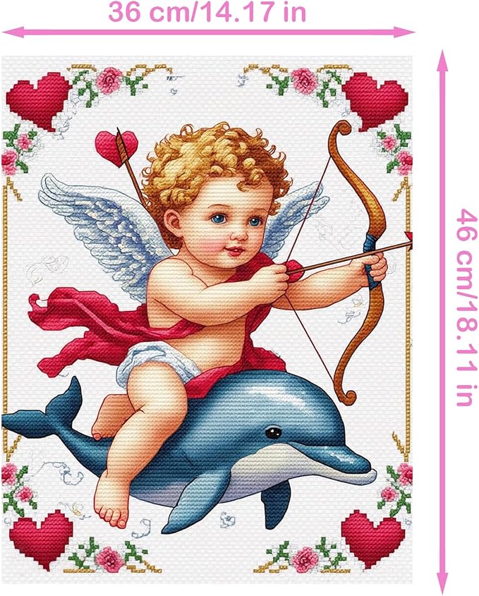 57lilina Stamped Cross Stitch Kits - 11CT Cupid's Arrow Easy Pre Printed Cross-Stitch Patterns for Adults, Advanced Embroidery Kit for Beginners, 14x18 in DIY Crossstitch for Wall Decor or Mom Gifts
