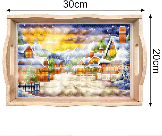 FGbaby DIY 5D Snow House Diamond Painting Wood Serving Tray with Handles Diamond Art Decorative Serving Trays Wooden Tray for Breakfast in Bed, Patio, BBQ, Coffee Table, Party –Great for Lap & Couch