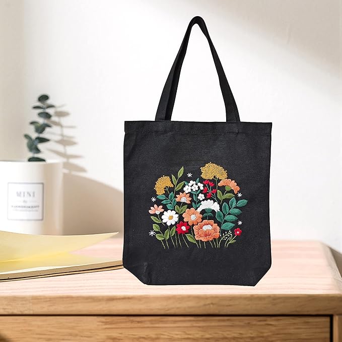 MAMUNU Canvas Tote Bag Embroidery Kit with Pattern for Beginners, Arts and DIY Crafts Kits for Adults, Include Instructions Embroidery Bag, Embroidery Hoops, Color Threads and Tool (Black)