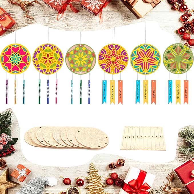 Wooden Mandala Wind Chime Ornaments Painting Craft,24PCS Unfinished Wood Hanging Decoration,8 Style Cutouts for Adults Olders to Paint DIY Thanksgiving Home Decors Hanging