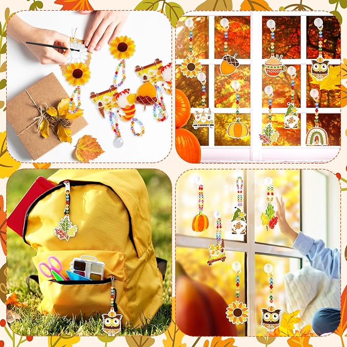 WinnerWhy 30 Sets Thanksgiving Day Fall Suncatchers Window Art Kits, Autumn Leaf Pumpkin Acorn DIY Sun Catchers Crafts Bulk Window Paint Art Ornaments for Classroom Home Party Activity (Autumn Style)