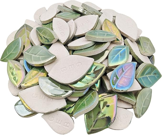 500g/1.1lb Leaf-Shaped Ceramic Mosaic Tiles,Ceramic Mosaic Pieces for Crafts,Mosaic Tiles for Home Decoration or DIY Crafts,Mosaic Making Supplies. (Iridescent Light Green)