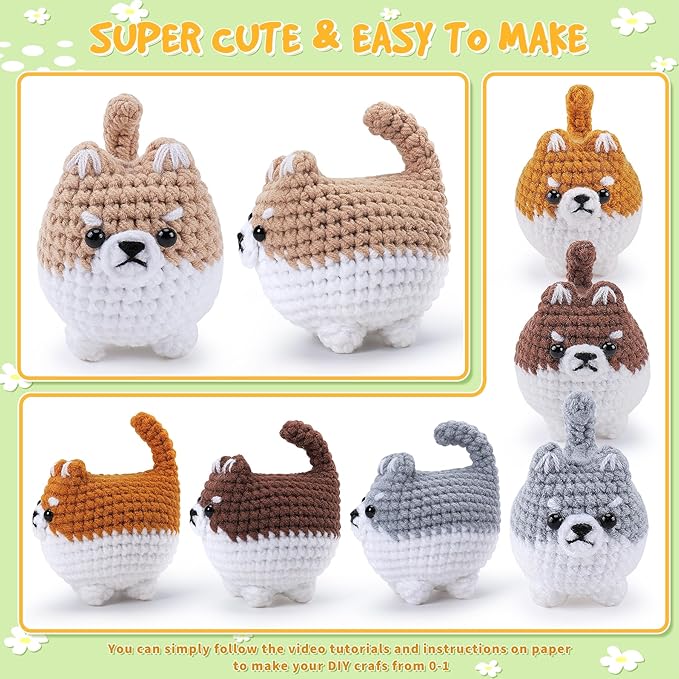 Crochet Kit for Beginners- 4 PCS Fat Shiba Inu Crochet Kits for Adults, 4PCS Corgi Dog Crochet Animal Kit with Step-by-Step Video Tutorials, Yarn, Crochet Hook, Instructions DIY Knitting Kit