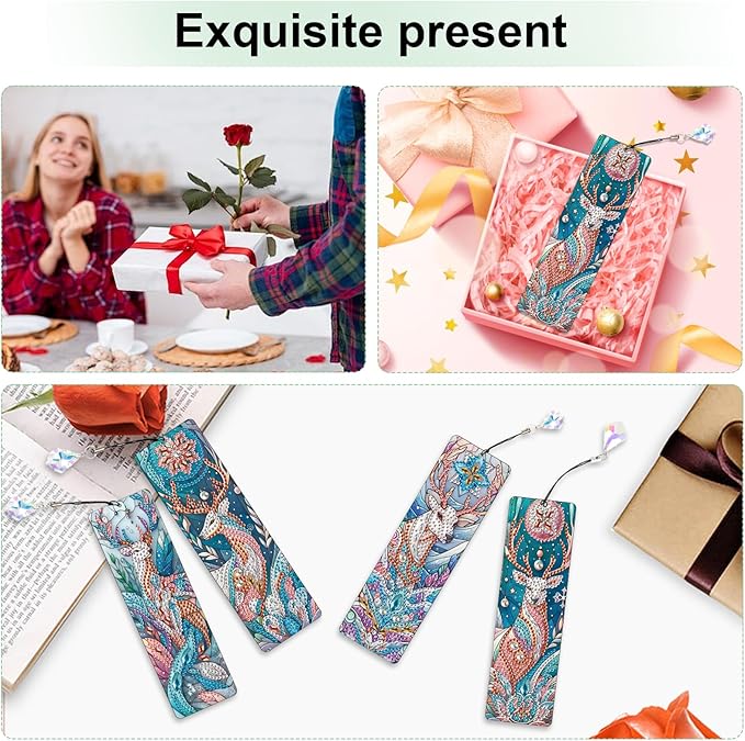 4 Pack DIY Diamond Painting Bookmarks, Special Shaped Deer Design Handmade Crystal Rhinestone Bookmark Kits with Tassel, Sparkling Art Bookmark for Reading Enthusiasts