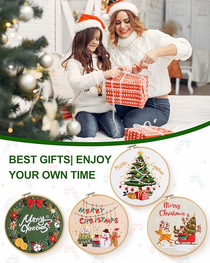 Santune 4 pcs Christmas Embroidery kit with Patterns Instructions Needlepoint Cross Stitch Kits for Beginners Adult,4 Embroidery,2 Hoops,Colored Threads Scissors and Needles,Merry Christmas