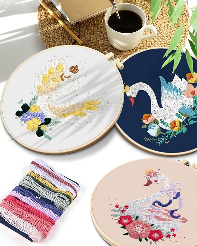 TINDTOP 3 Pack Embroidery Kit for Adult Beginners, Embroidery DIY Starter Kit, with Swan Stamped Patterns, Hoop, Tools, Colorful Threads with Needles, Instructions