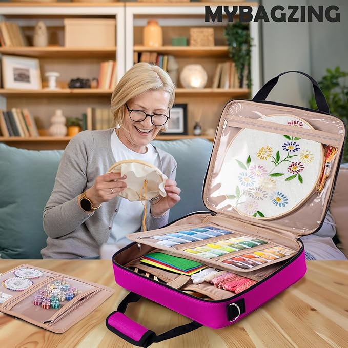 | Large Embroidery Project Bag - Cross Stitch Supplies Organizer - Embroidery Kits Bag - Storage & Organizer for Floss, Loops