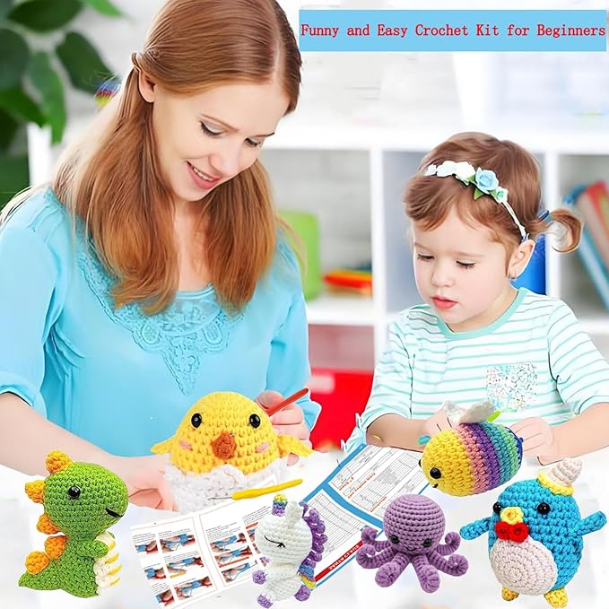 6PCS Crochet Kit for Beginners, Beginners Knitting Kit for Adults, Cute Animals Complete Starter Kit with Step-by-Step Video Tutorials and Instructions, Christmas Gifts for Adults and Friends