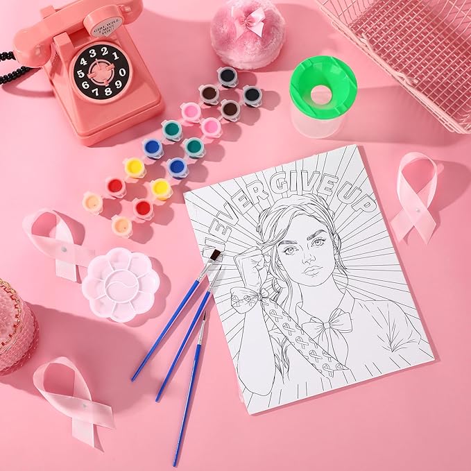 Sherr 140 Pcs 20 Set Pre Drawn Canvas Kit for Painting Craft Sip and Paint Kit for Adults Pre Printed Canvas Painting Favor for Virtual DIY Birthday Gifts Adult's Date Party(Breast Cancer Awareness)