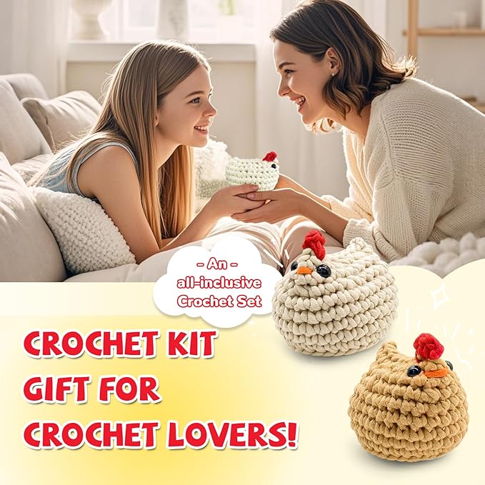 SGIBYN Crochet Kit for Beginners with Step-by-Step Video Tutorials, Starter Crochet Chickens Amigurumi Kit for Teens & Women - Easy DIY Handcraft Knitting Animal Kit - Learn to Crocheting (3 Chickens)