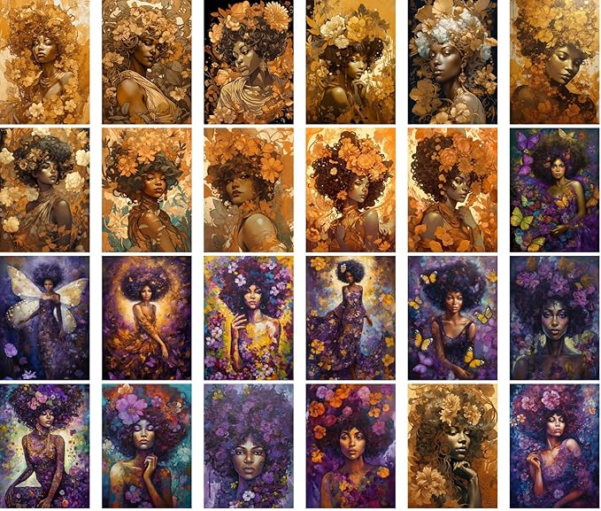 Large Stickers (24 pcs 2.5"x3.5" Each) Strong Gorgeous Women in Beautiful Gold and Purple Flowery Art Nouveau Portraits Vintage Postcards Retro Greeting Card Book Illustration Reprint