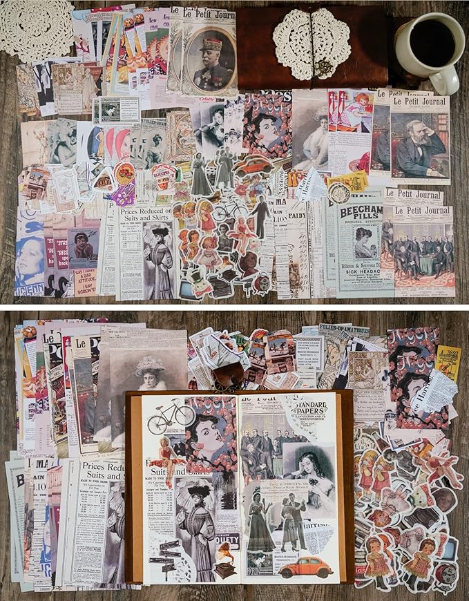 Knaid Vintage Scrapbook Supplies Pack (200 Pieces) for Junk Journal Bullet Journals Planners Aesthetic Paper Stickers Craft Kits Cottagecore Collage Album (Retro)