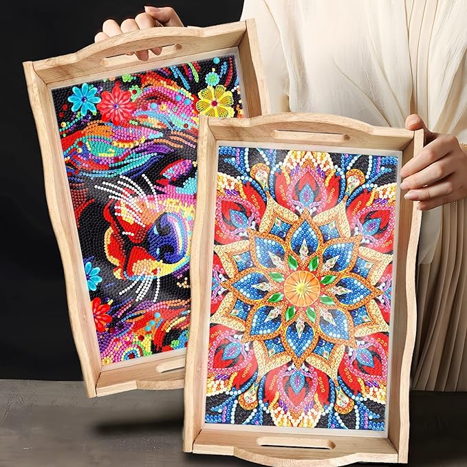 DIY Art Painting Wooden Tray Kit, Food Tray with Handle Diamond Painted Table Decoration Tray, for Breakfast, Bar Dinner Table Diamond Dots Gem Painting Art Set for Beginners (#23-Mandala)