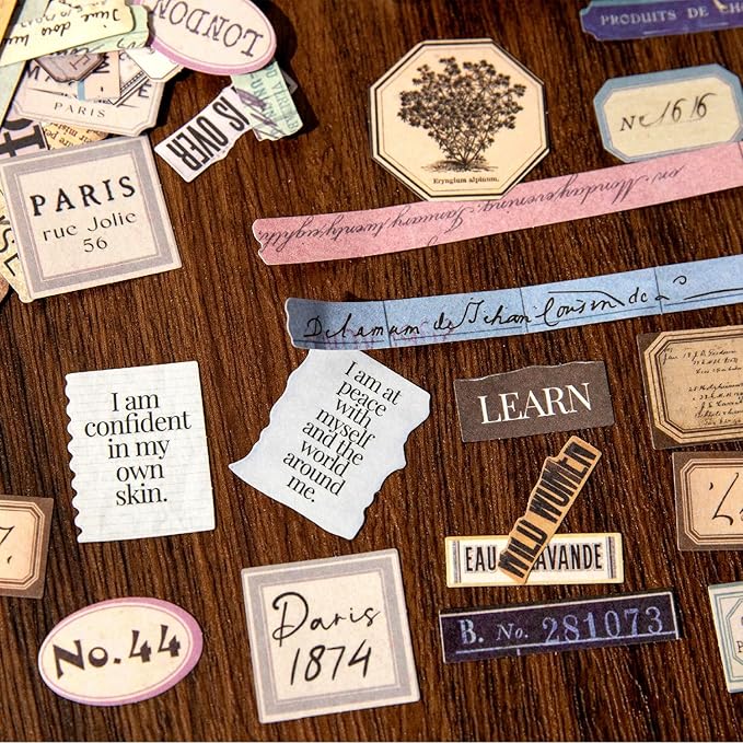 AuriicLeaf Vintage Fragmented Text Stickers, 400 PCS Washi Ephemera for Scrapbooking, Journaling, Crafting, DIY Projects, Diaries, and Art Supplies - 2 Iron Boxes Included