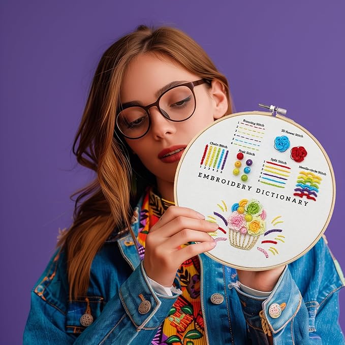 VIVIDOX 4 Sets Embroidery Kit for Beginners with Stitch Video, Cross Stitch Kits for Adults, Hand Craft Lover, Starters Easy Practice with Stamped Pattern, Hoop, Needles, Scissors, Tools & Instruction