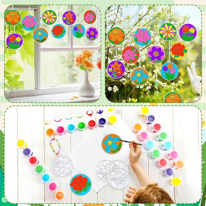 WinnerWhy 30 Sets Spring Flower Suncatchers Window Art Kits, Mother's Day Floral DIY Sun Catchers Crafts Paint Your Own Window Ornaments for Adult Home Birthday Activity Party Decor