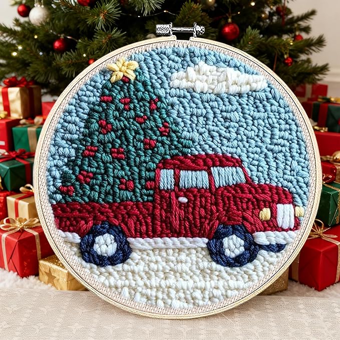 QBQBQ 4 Sets Christmas Punch Needle Kits Adults Beginner, Christmas Embroidery Kit with Printed Pattern and Bamboo Hoop, Festival Gift and Decoration