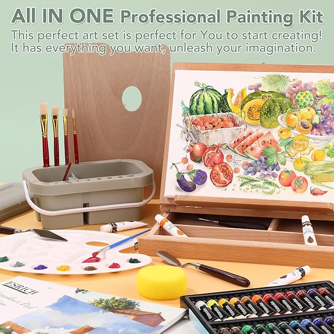 ESRICH 166 Pcs Painting Set, Painting Supplies with 96 Paint(Oil, Watercolor,Gouache & Acrylic Paint) Metal and Wooden Easels, Canvas, Paper Pads, 45 Paintbrushes etc. for Adults, Kids, Artists