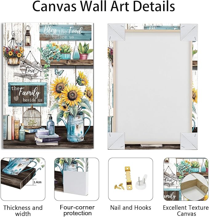 WENGTIAO Kitchen Canvas Wall Art Rustic Sunflower Pictures Vintage Bless The Food Before Us Sign Prints Paintings Christian Religious Bible Quotes Artwork for Farmhouse Dining Room Living Room 12x16in