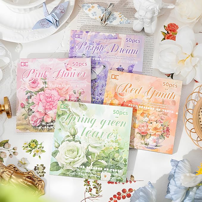 Snycler 4 Books Scrapbooking Supplies, Vintage Journaling - 100 Sheets PET & 100 Sheets Paper Stickers, DIY Craft Stickers for Junk Journals, Ephemera Sticker Book, Seasonal Themes, Pre-Cut Designs