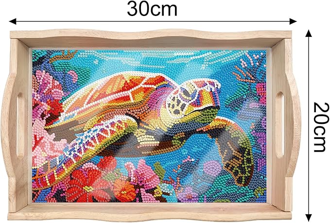 FGbaby DIY 5D Sea Turtle Diamond Painting Wood Serving Tray with Handles Diamond Art Decorative Serving Trays Wooden Tray for Breakfast in Bed, Patio, BBQ, Coffee Table, Party –Great for Lap & Couch