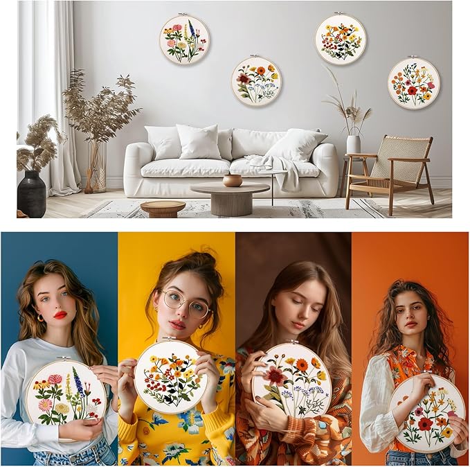 VIVIDOX 4 Sets Embroidery Kit for Beginners with Stitch Video, Flower Cross Stitch Kits for Adults, Starter, Hand Craft Lover Practice with Floral Stamped Pattern, 2 Hoops, 16 Needles, Scissors, Tools