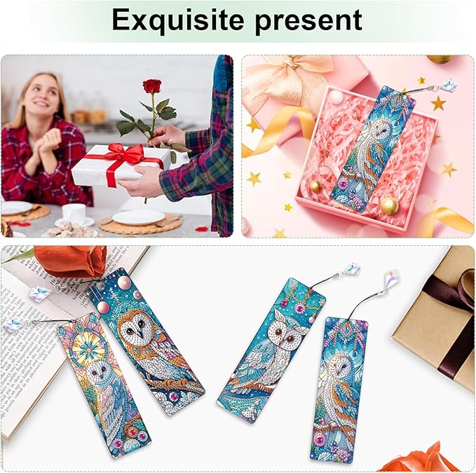 4-Piece DIY 5D Diamond Painting Bookmark Kits, Owl Special Shaped Crystal Rhinestones Book Marks, Handmade Diamond Art Bookmarks with Crystal Pendant Tassels, Decorative Craft Gift Set for Adults