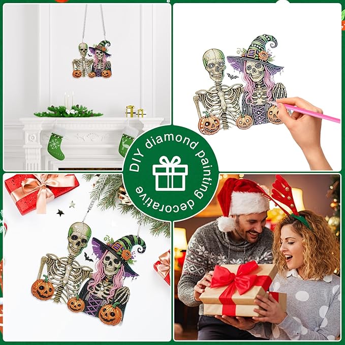 Diamond Art Painting Pendant 5D Diamond Art Hanging Kit Halloween Skull Pumpkin DIY Crystal Window Door Pendant for Adults Gift Wall Home Halloween Decoration (24.1x23.1 cm)