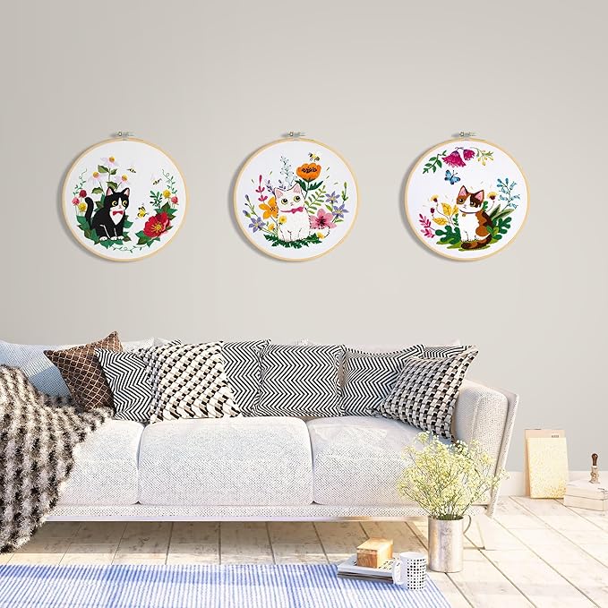 ZWZRAFT Embroidery Kit for Beginners, 4 Sets Cat Embroidery Kits, Needle Point Kits for Adults Beginner, with Full Package Sewing Supplies and Detailed Easy-to-Follow Instructions