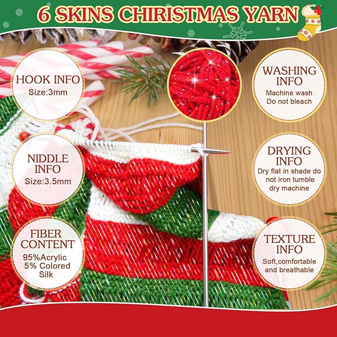 Timgle 6 Pcs Skeins Christmas Yarn for Crocheting 186 Yard Christmas Glitter Yarn Soft Each 100g/ 3.53 oz Knitting Crocheting Gift Craft Project Assorted Starter (Mixcolor Red Green)