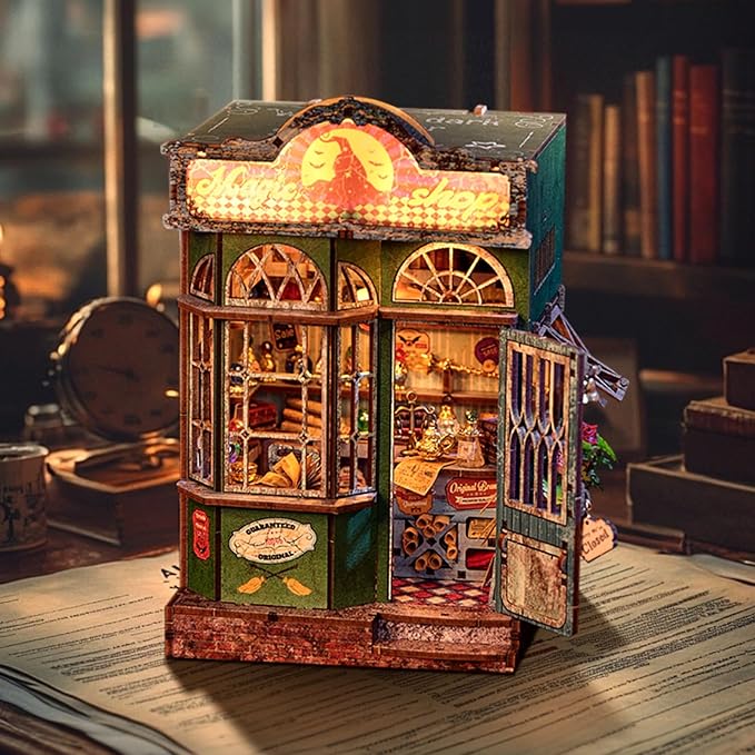 Foyucool DIY Book Nook Kit, Miniature Bookshelf Decor with LED Lights, Laser-Cut Wooden Craft Set for Adults, Creative Gift for Christmas, Birthday, Magic Shop