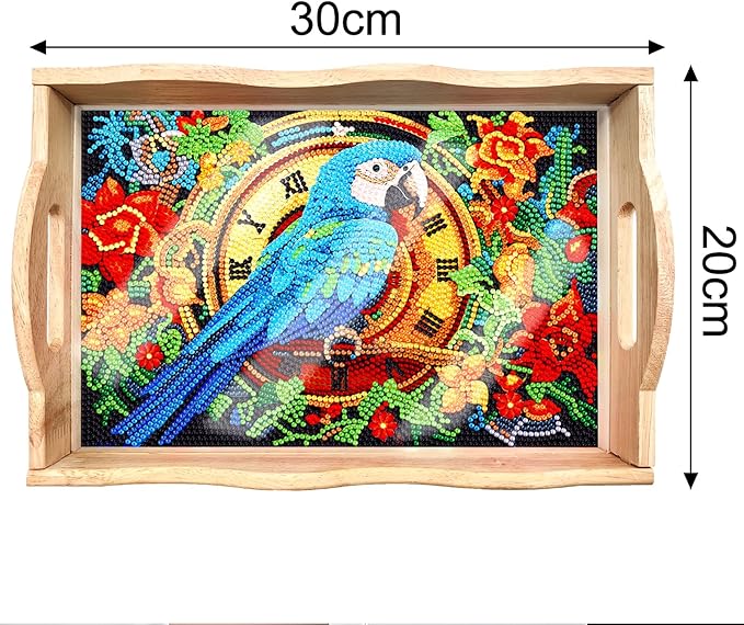 FGbaby DIY 5D Parrot Diamond Painting Wood Serving Tray with Handles Diamond Art Decorative Serving Trays Wooden Tray for Breakfast in Bed, Patio, BBQ, Coffee Table, Party –Great for Lap & Couch