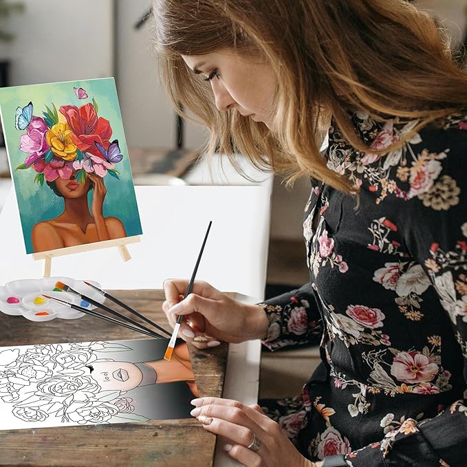 Cholemy 36 Pcs Valentine Paint and Sip Kit for Adults 8''x10'' Pre Drawn Canvas for Painting DIY Afro Acrylic Painting Kit Wood Easel Brushes Date Night Bulk for Party Gifts(Flower Lady)