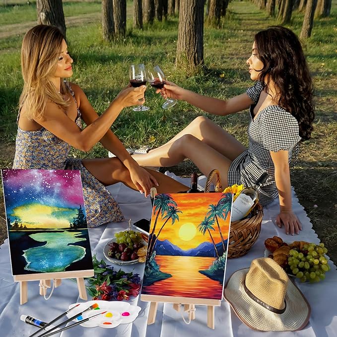 Ctosree 72 Pcs Vivid Sunset Paint and Sip Kit for Adults 8'' x 10'' Pre Drawn Canvas for Painting DIY Pre Printed Canvas for Party Favor Afro Acrylic Painting Kit Wood Easel Brushes Date Night Bulk