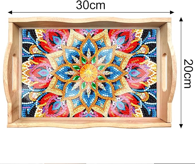 FGbaby DIY 5D Mandala Diamond Painting Wood Serving Tray with Handles Diamond Art Decorative Serving Trays Wooden Tray for Breakfast in Bed, Patio, BBQ, Coffee Table, Party – Great for Lap & Couch