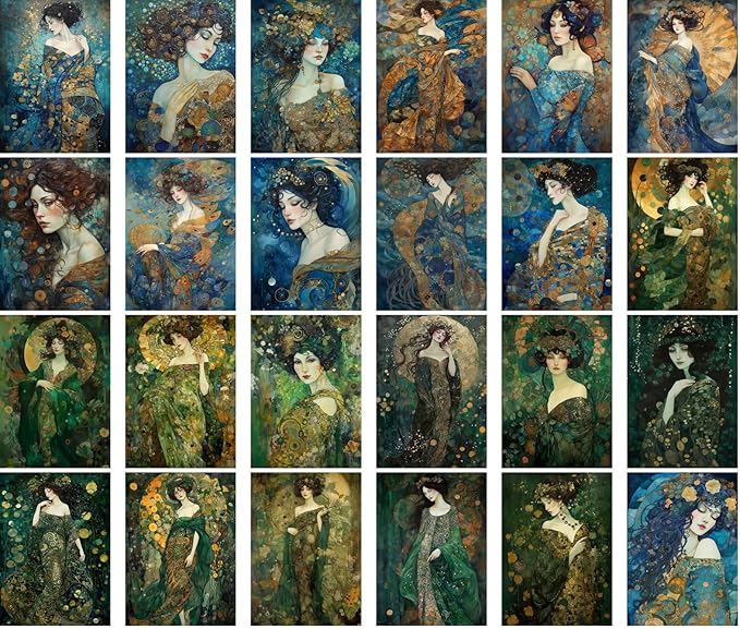 Large Stickers (24 pcs 2.5"x3.5" Each) Calming Beautiful Art Nouveau Portraits of Ladies with Blue and Green Flowers Vintage Postcards Retro Greeting Card Book Illustration Reprint