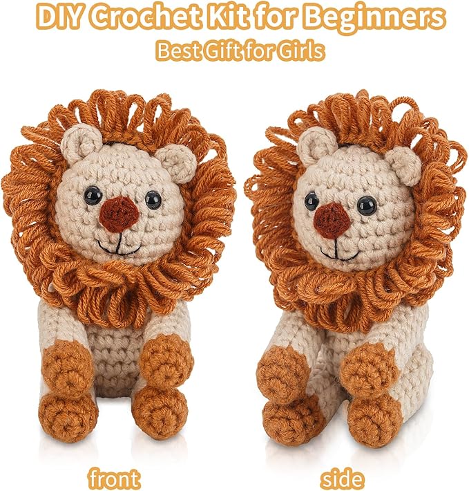 Crochet Kit for Beginners Crochet Animal Kit Crafts for Adults with Step by Step Video Tutorial Hobbies for Women Crochet kit Crochet Animals Beginner Crochet kit DIY Knitting Supplies(Mighty Lion)