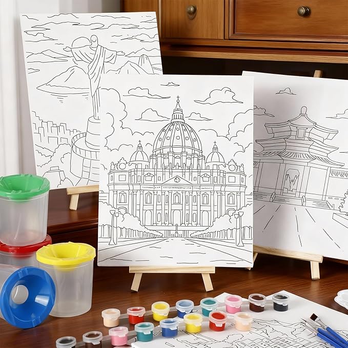 Sherr 140 Pcs 20 Set Pre Drawn Canvas Kit for Painting Craft Sip and Paint Kit for Adults Pre Printed Canvas Painting Favor for Virtual DIY Birthday Gifts Adult's Date Party(Landmarks)