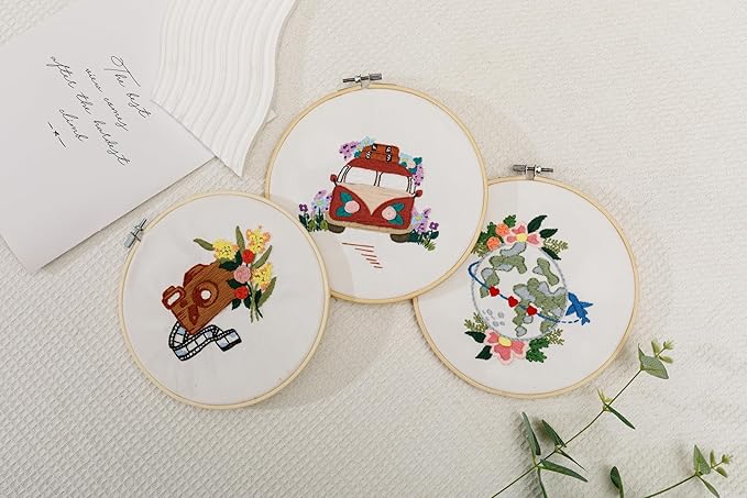 Looples Embroidery Kit for Beginners and Adults with Video Tutorials – DIY Starter Kit with 3 Stamped Floral Patterns, Hoops, Threads, Needles, and Instructions (Car, Globe and Camera)